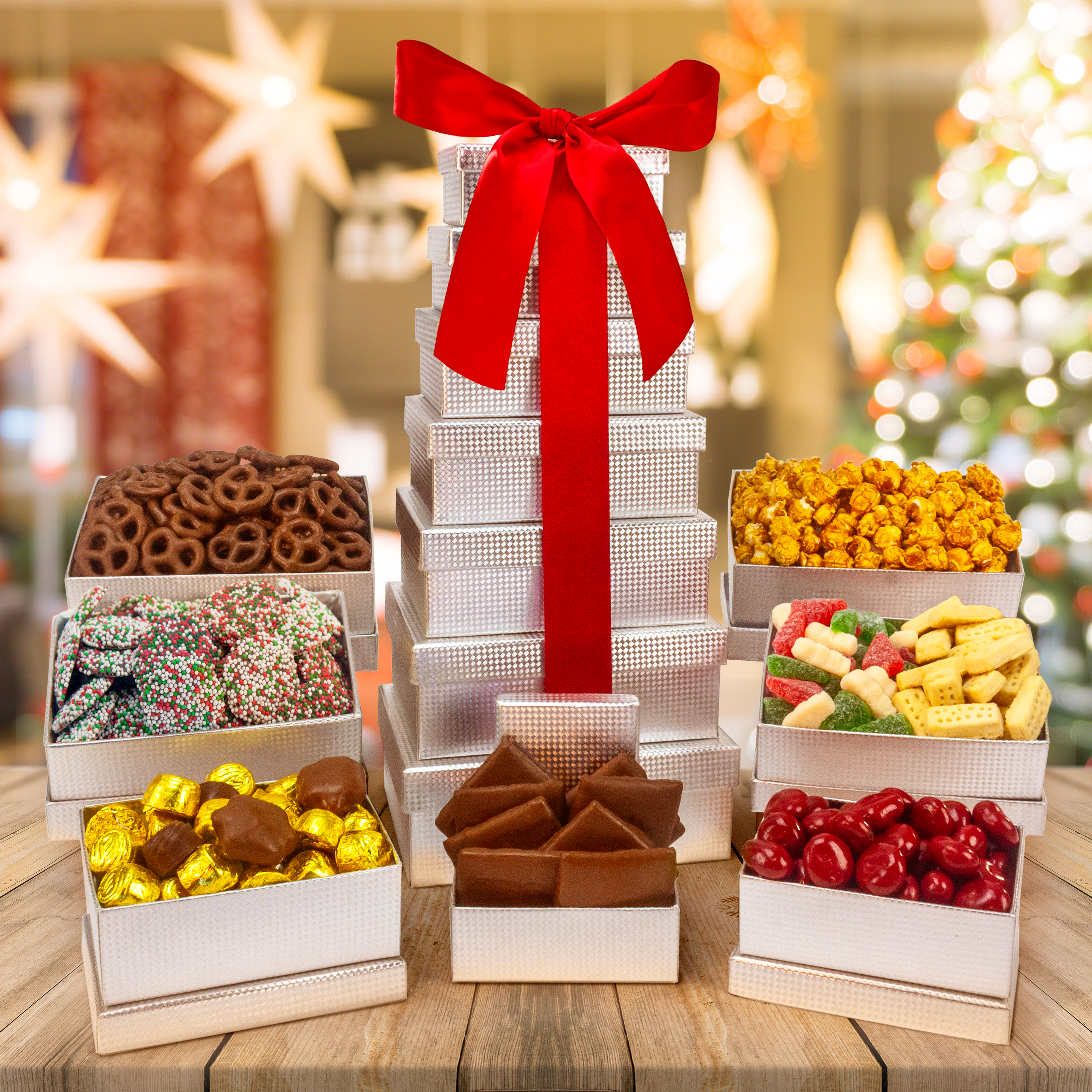 Shimmering 7-Tier Holiday Gift Tower – Hebert Candies & Gifts